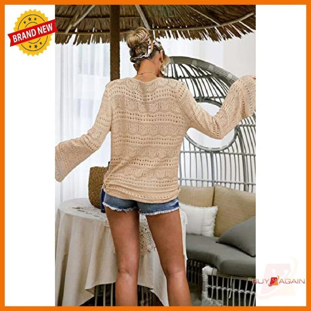 Boho Off Shoulder Sheer Crop Top Bell Sleeve Oversized Crochet Pullover - Picture 4 of 8